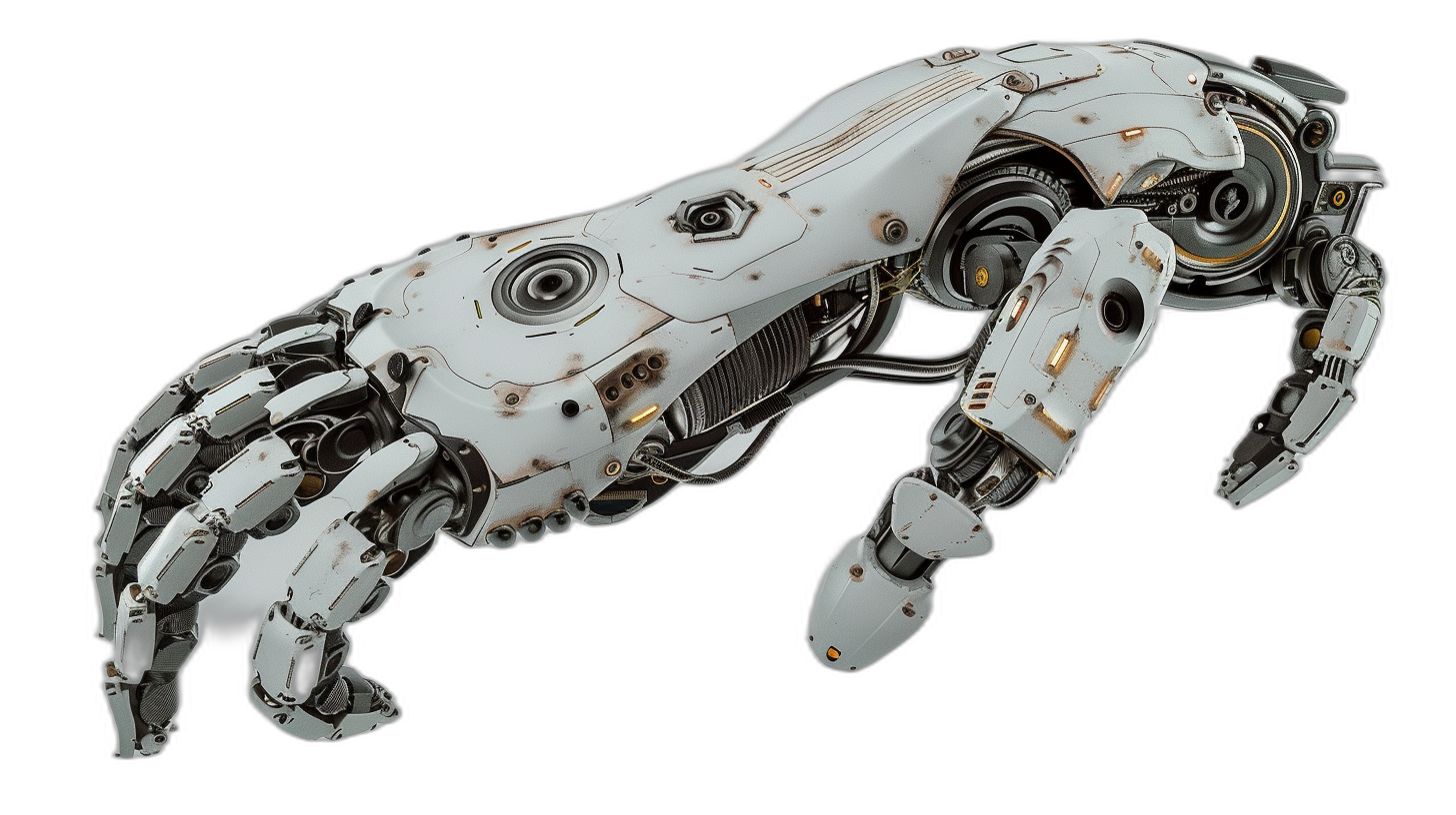 3D render of a cyberpunk white robotic hand with mechanical claws in a side view on a black background, with studio lighting, using Octane rendering software, with high resolution photography, with insanely detailed fine details, isolated on a plain background, with stock photo quality.