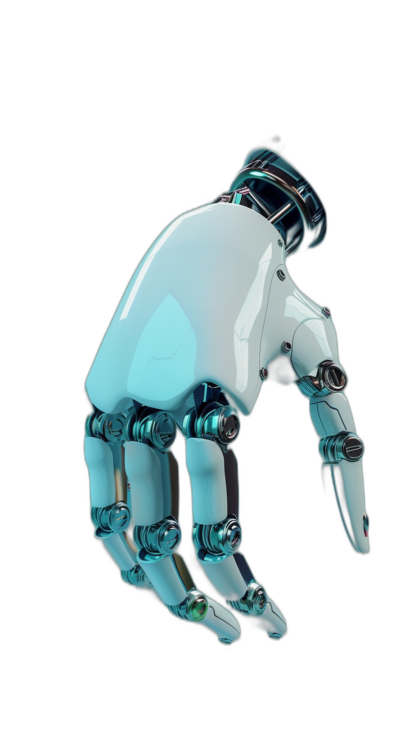 3D rendering of a cyan and white robot hand in the style of on a black background from a perspective view.