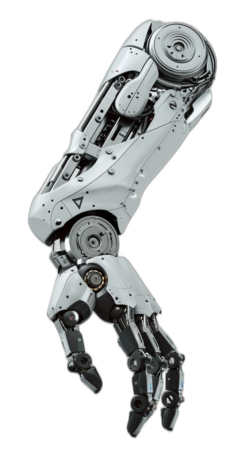 A robotic hand, white metal with a black background, mechanical structure with mechanical precision and high resolution, hyperrealistic details in the style of scifi, futuristic technology in the style of mecha arm.