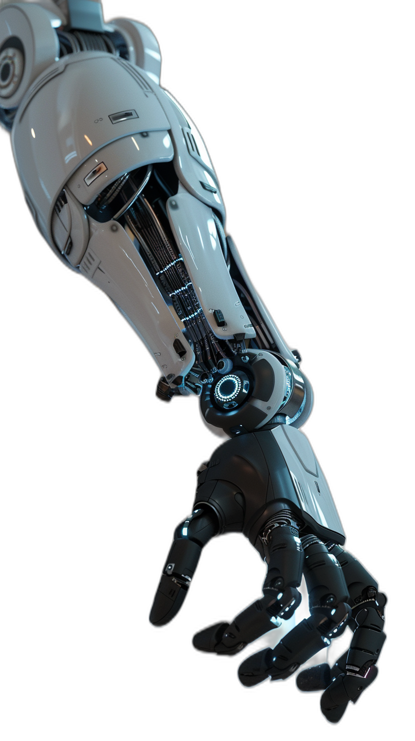 A robotic arm with a futuristic design, extending its hand forward on a black background in a closeup view, with high resolution photography, in the style of hyper realistic, cinematic light, high contrast, sharp focus, the isolated object, highly detailed, in the style of hyperrealistic.