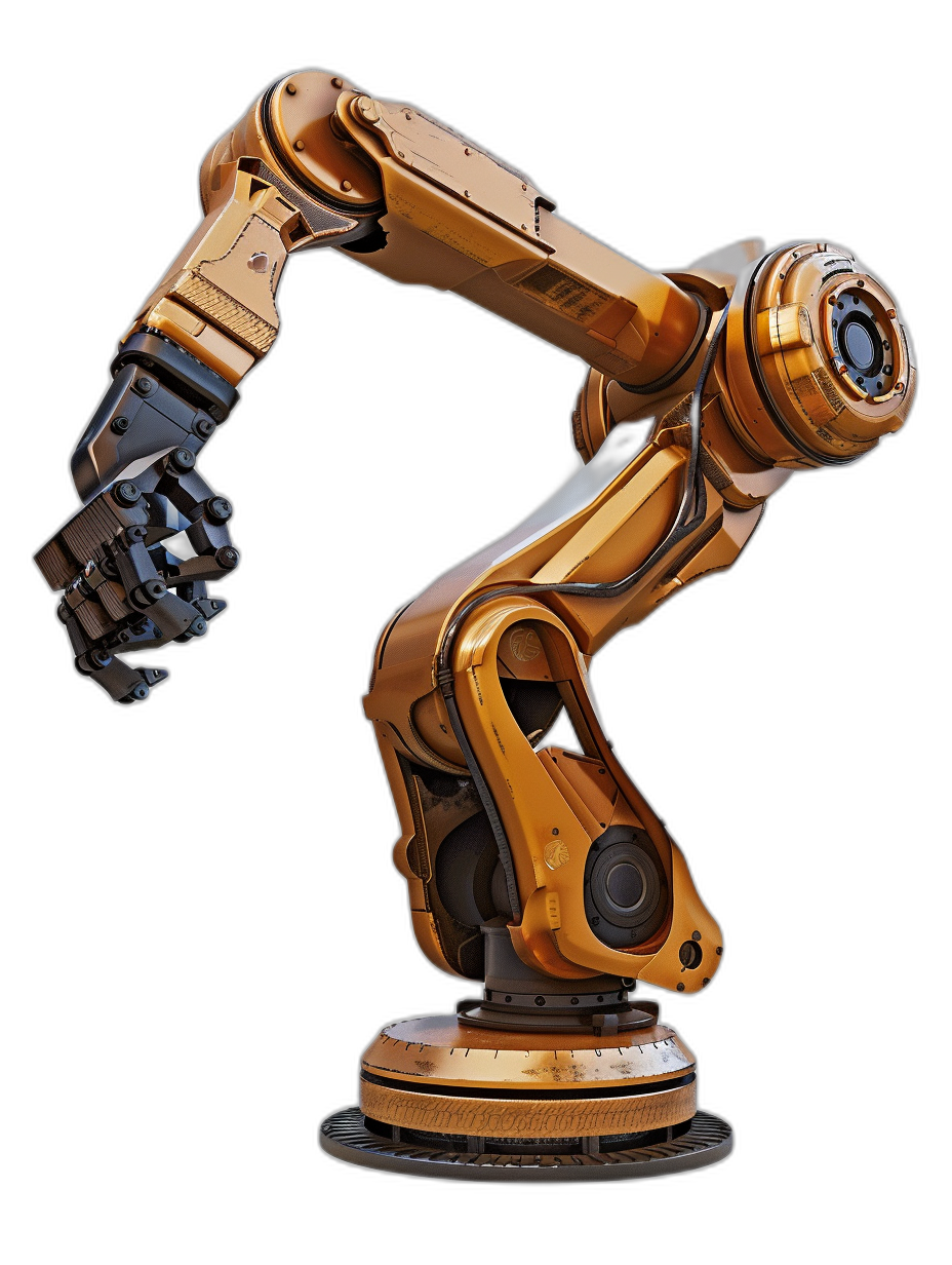 3D rendering of an industrial robot arm on a black background, with orange and bronze colors, in a hyper realistic, super detailed style.