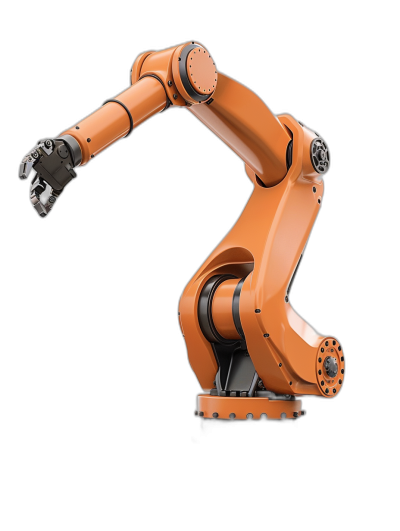 an industrial robot arm on black background, orange color, photorealistic, high resolution photography, insanely detailed, stock photo