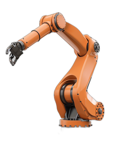 orange robotic arm on black background, isolated stock photo, photorealistic, high resolution photography