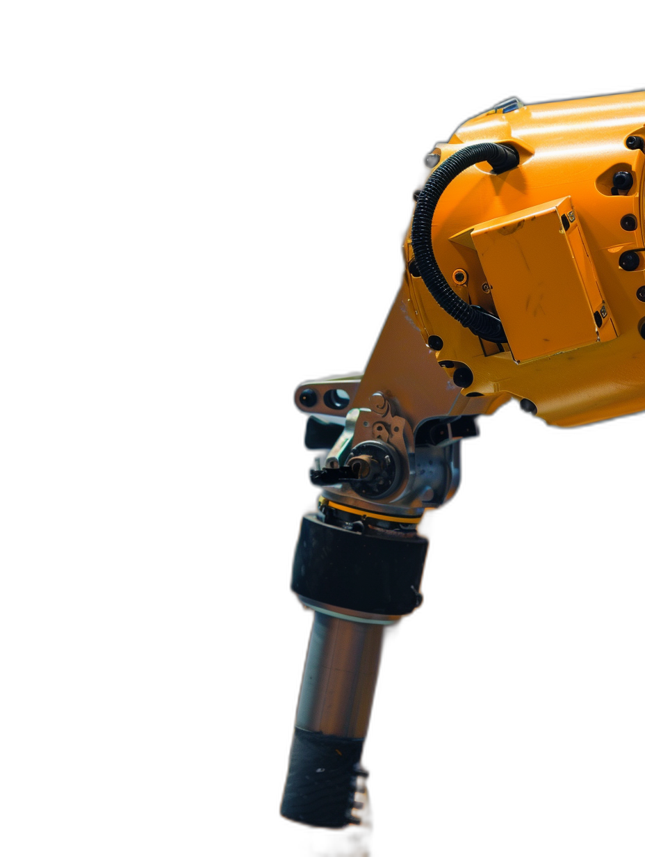 Photo of an industrial robotic arm on a black background, with a yellow and orange color palette, isolated in a side view, shot with a Sony Alpha A9 II camera using natural light, for studio photography, stock photo.