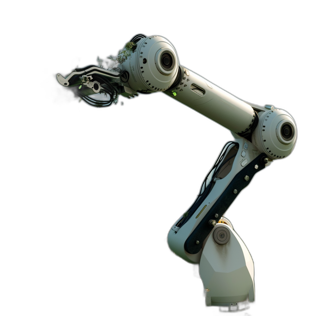 Photo of white robotic arm on black background, side view, high resolution photography