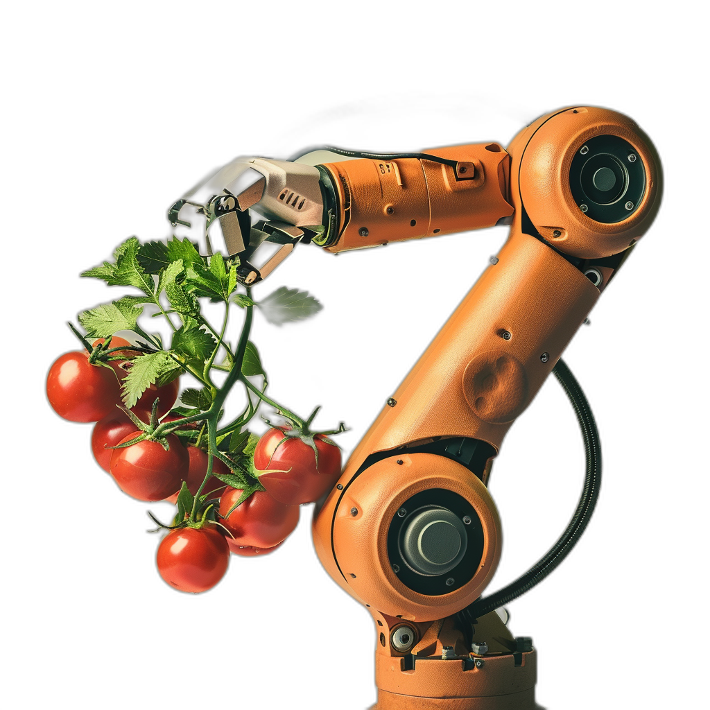 Photo of an orange robotic arm picking tomatoes, isolated on a black background, with green leaves and vines growing from the robot’s body in the style of hyper realistic.