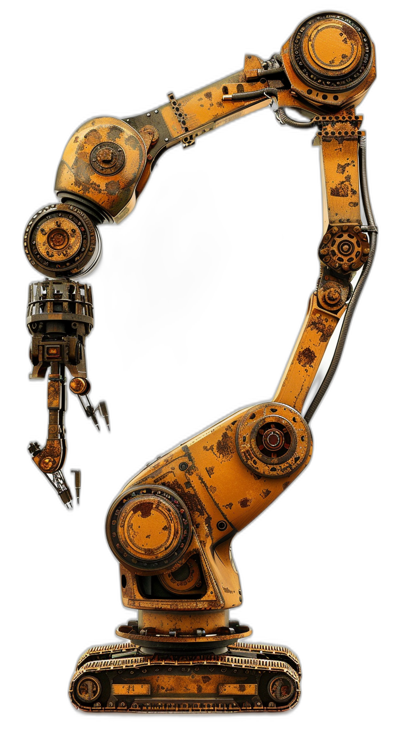 a single mechanical arm, steampunk style, orange and yellow color scheme, black background, full body shot