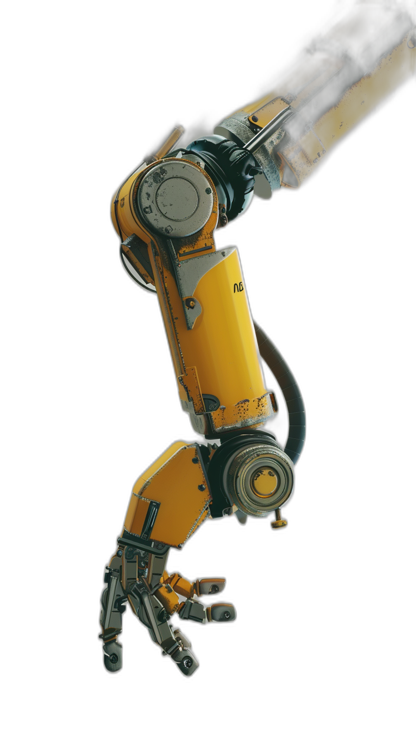 A robotic arm with a bright yellow and black color scheme in the cyberpunk style against a black background in a three-quarter view with high resolution and best quality with hyperrealistic details professionally photographed with studio lighting isolated on the left side of the screen. The robot’s hand is extended upwards with its fingers slightly curled up in an open position. It has a metallic texture with visible machine parts such as gears and cables behind it in the style of professional photography.