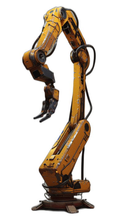 A robot arm made of metal, long and slender in shape, two yellow arms raised high to the top left side of its body, black background, in the hyperrealistic style, with industrial machinery aesthetics, shown in a fullbody shot, viewed from a threequarter profile.