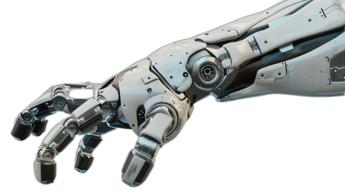 futuristic robotic hand, pointing down on black background, hyper realistic