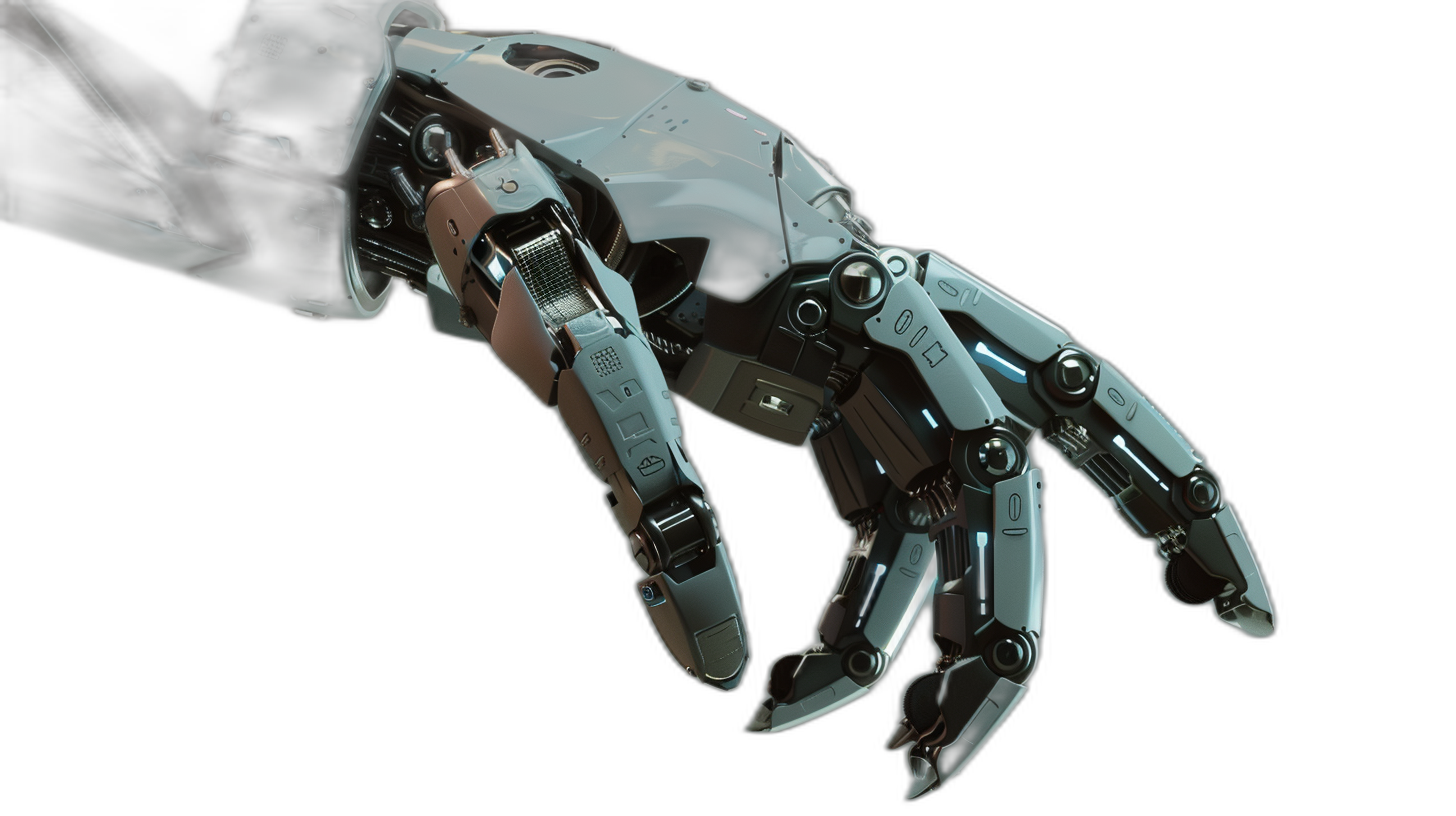 A robotic hand with sharp claws, pointing towards the viewer on a black background, 3D rendering illustration in the style of high resolution photography, insanely detailed, stock photo