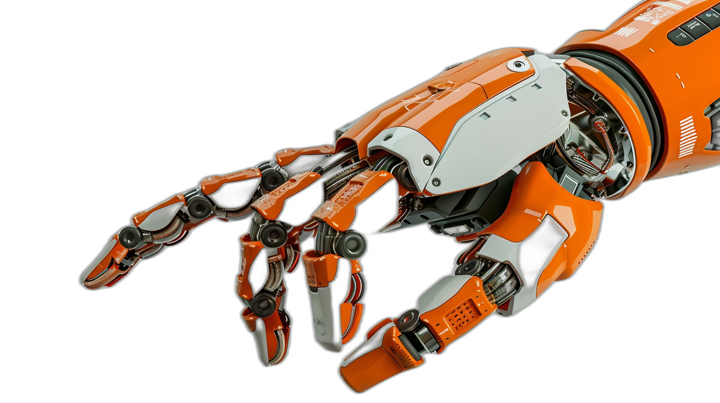 A robotic hand with orange and white colors, pointing to the right side on a black background. The robot arm is fully in view, showing its complex mechanical structure. It has an industrial style design that reflects modern technology elements. This high-definition photo captures every detail of it.