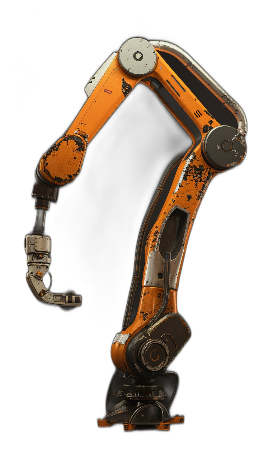 A side view of an industrial robot arm in the style of orange and black colors against a black background with hyper realistic details in high resolution photographic style and high contrast.