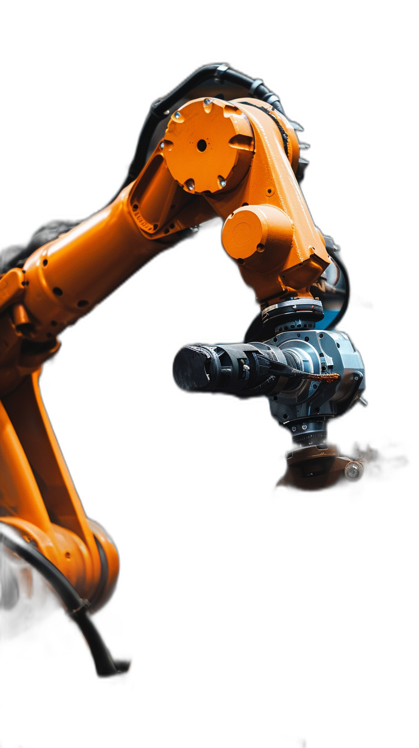 An industrial robot arm in orange color on a black background, in a studio photo shot. The photo was shot in the style of an anonymous photographer.