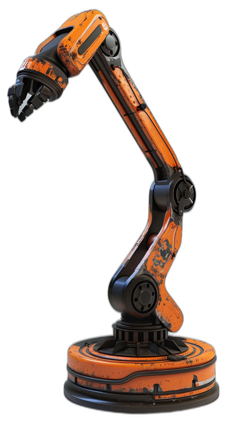 A robotic arm with orange and black color, on the top of an industrial pedestal base, black background, hyper realistic game item artwork