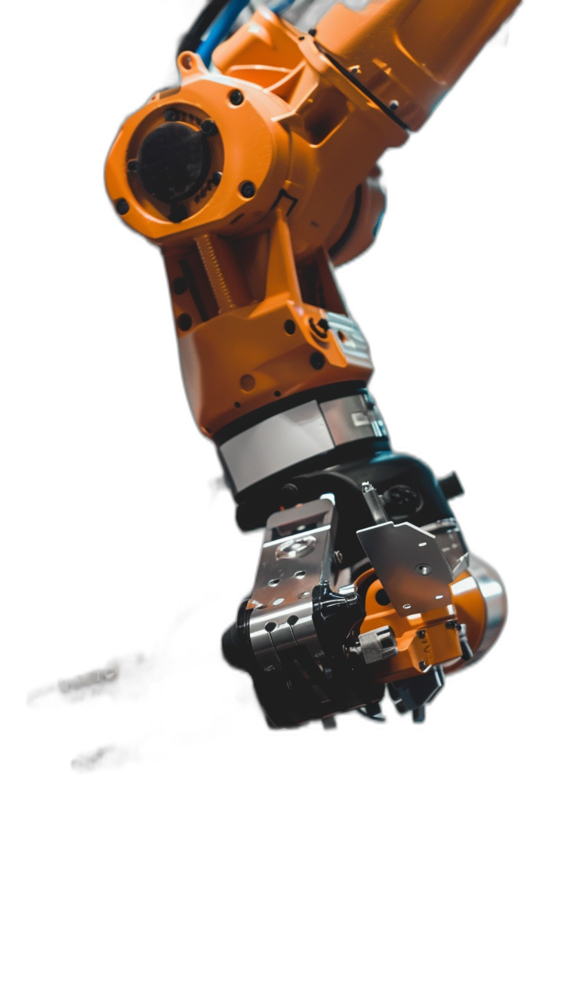 Photo of an industrial robot arm on a black background, with orange colored details, in a high resolution photograph, in the style of hyper realistic photography.