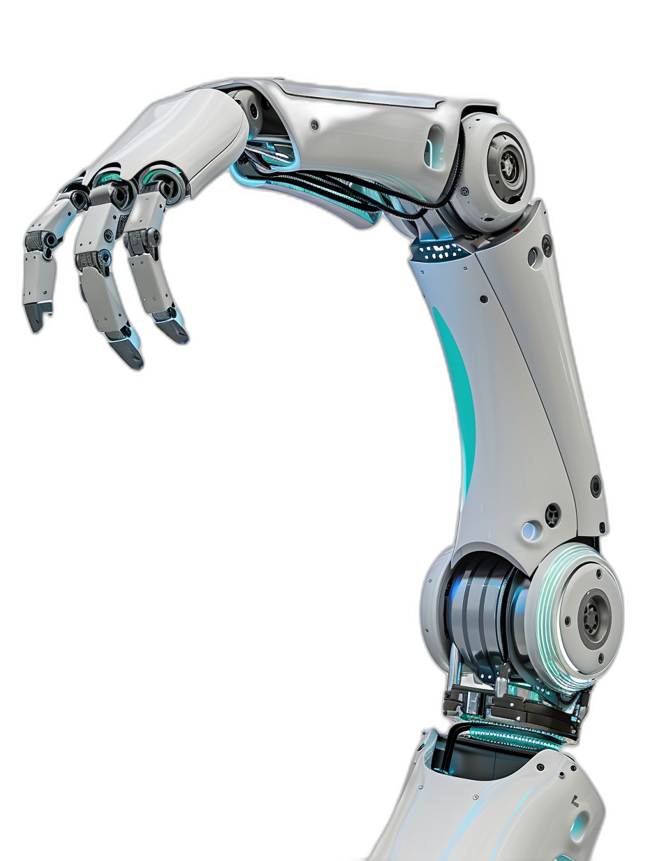 A robotic arm with white and blue details, with the hand extended to a tilted position on a black background, in the 3D rendering style, high resolution, high detail, with studio lighting, a studio shot, a closeup of the robot’s palm.