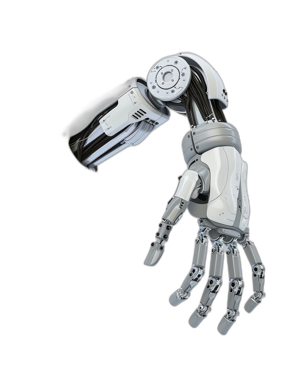 A robotic hand holding an iron pipe in its palm, with white metal on a black background, in the style of hyper realistic photography.