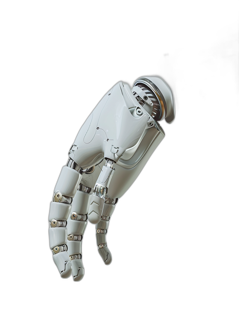 3D render of a white robot hand with a metal spacesuit ring on its finger, floating in a black background in a low angle shot from the side, in the hyper realistic style.