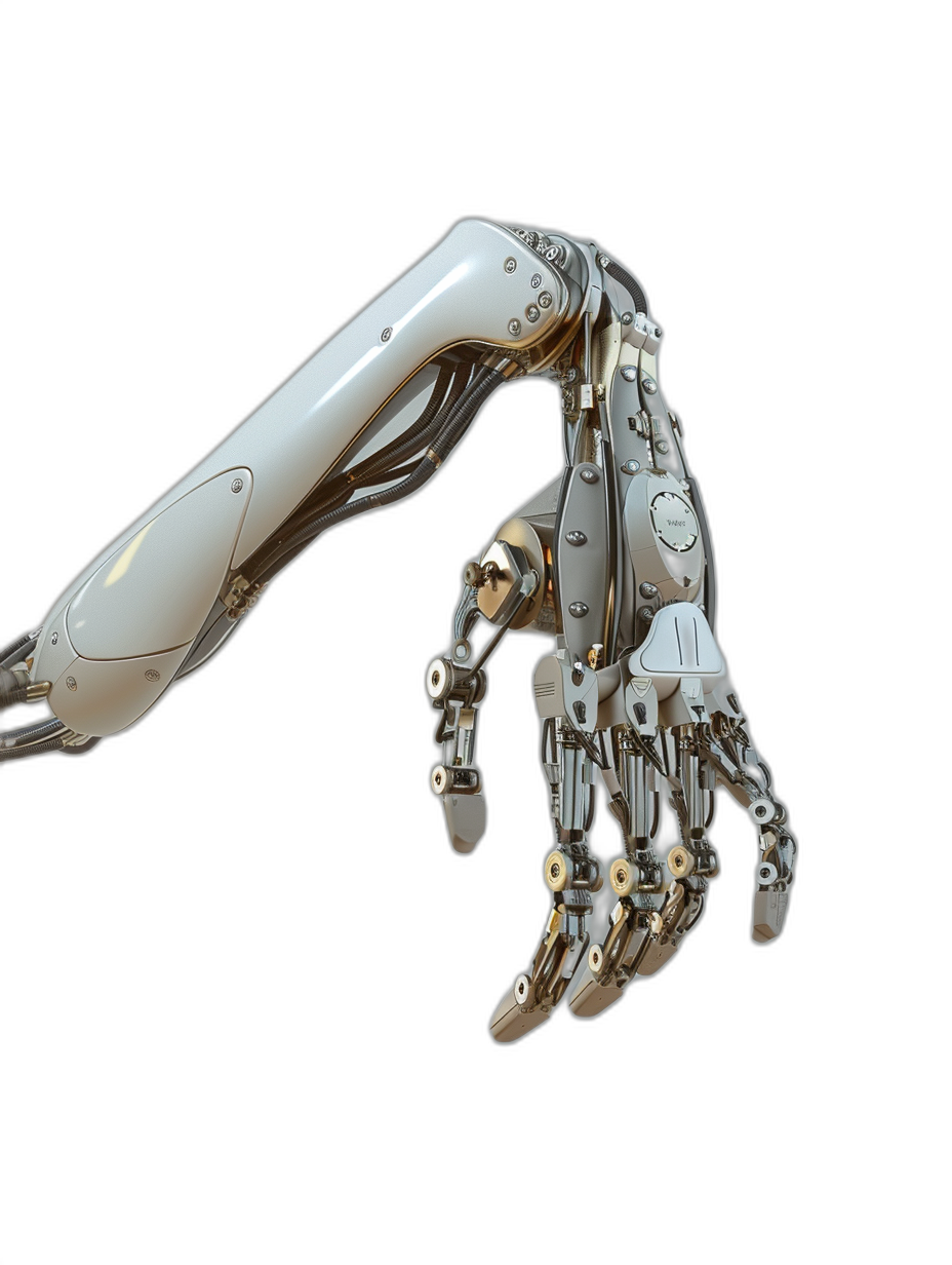 A robotic hand with an open palm, with metal and white details on the fingers. The arm is extended in front of it, with a black background. Photorealistic 3D rendering.