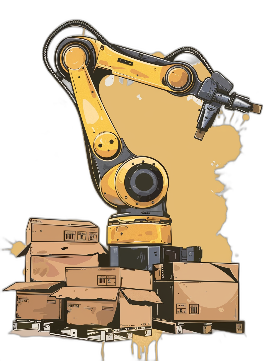 A robotic arm holding some cardboard boxes, a vector illustration in the style of cartoon with yellow and black colors on a solid background, for a tshirt design, a white border around the whole artwork, a clear outline of the product without shadows inside the art, high resolution and highly detailed.