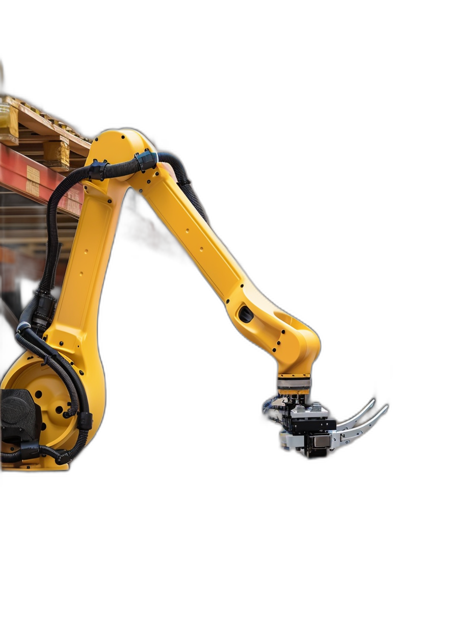 A robotic arm holding an industrial building material, isolated on black background, high resolution photography