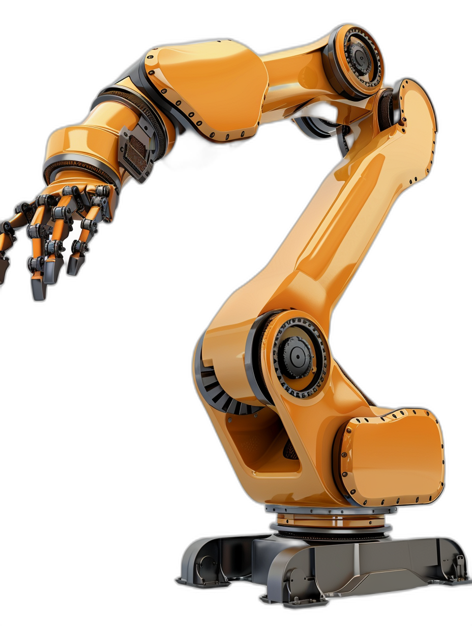 A robotic arm with orange color on a black background, viewed from the side. The robotic arm is depicted in the style of black and orange colors against a black background as seen from the side.