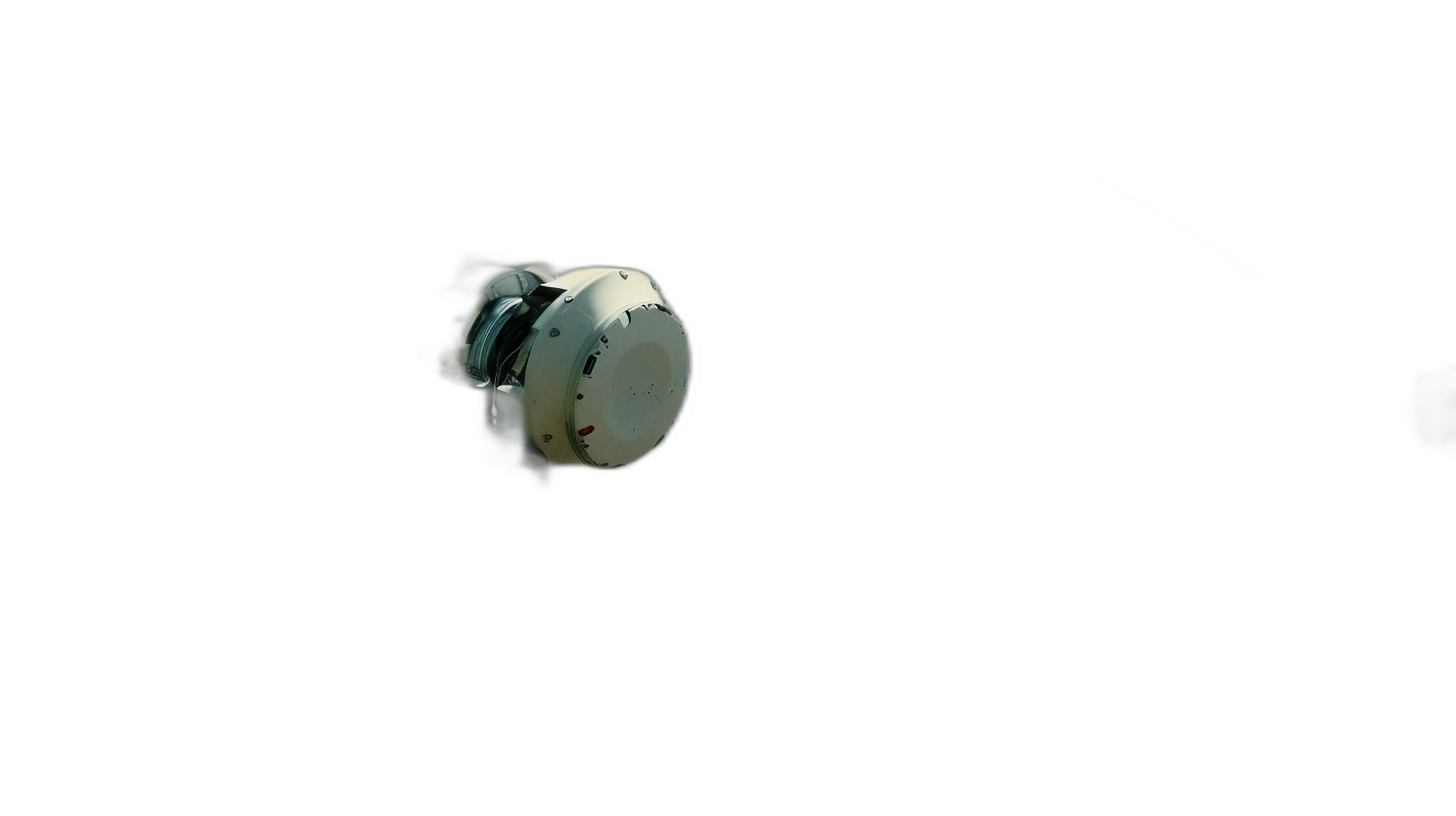 Close up of a white, metallic, round-shaped device with a small, shiny, black dot on it floating in a pitch dark space, cinematic movie still in the style of David Fincher.