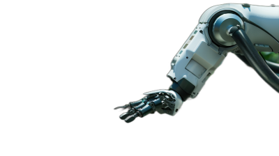 close up of white robot arm with green touch, isolated on black background, high resolution photography