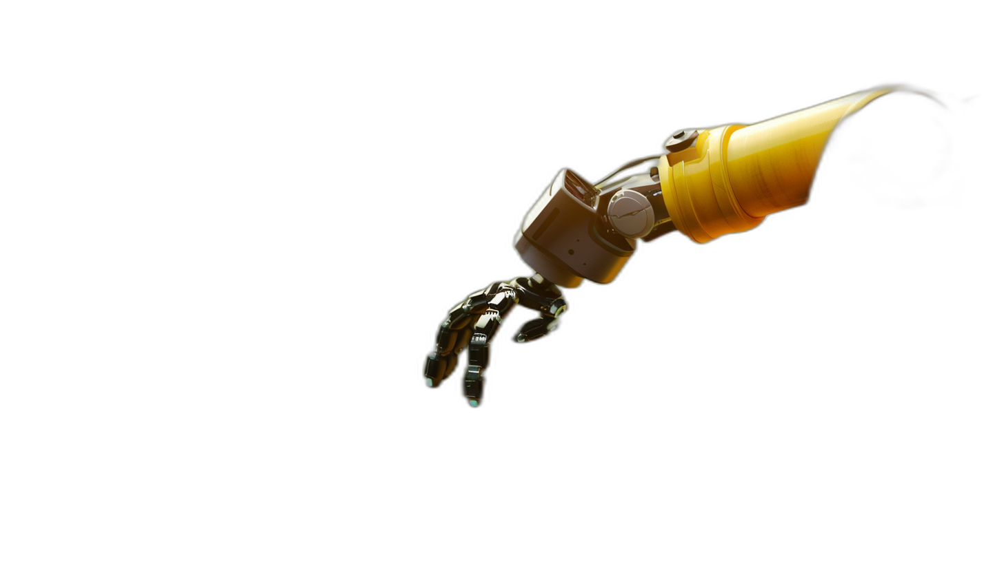 A yellow plastic bottle of oil in the air is held in the style of an anthropomorphic robot hand, on a pure black background, in the real photography style, with high definition quality.