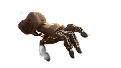 3D render of robot dog, side view, on black background, blender rendering, 50mm lens, in the style of cinema4D, cyberpunk, gold material. In the air, full body shot, octane rendering.