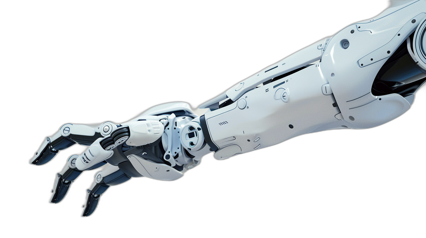 Photo of an arm with robotic elements, white and silver color on a black background, high resolution, high quality, high detail, cinematic photography with cinematic lighting and soft light creating soft shadows, clean sharp focus, a hyper realistic render in the style of v5.0 with super detailed elements.