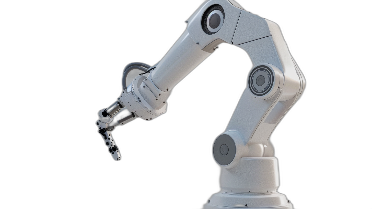 Photo of a robotic arm holding something on a black background, in the hyperrealistic style, stock photography, a white robot with gray details, an isolated object, with ultra sharp focus, a 3D render.