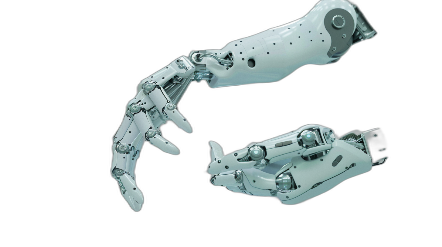 close up of two robotic arms, white and silver metal with black background, one arm is reaching out to the other arm, 3d render