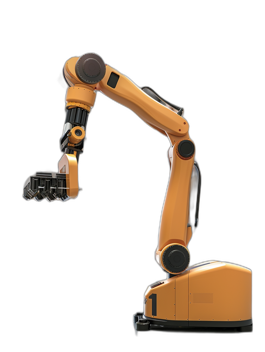 Photo of an industrial robot arm on a black background, with orange and beige colors, in the hyperrealistic style, from the side view, with high resolution photography