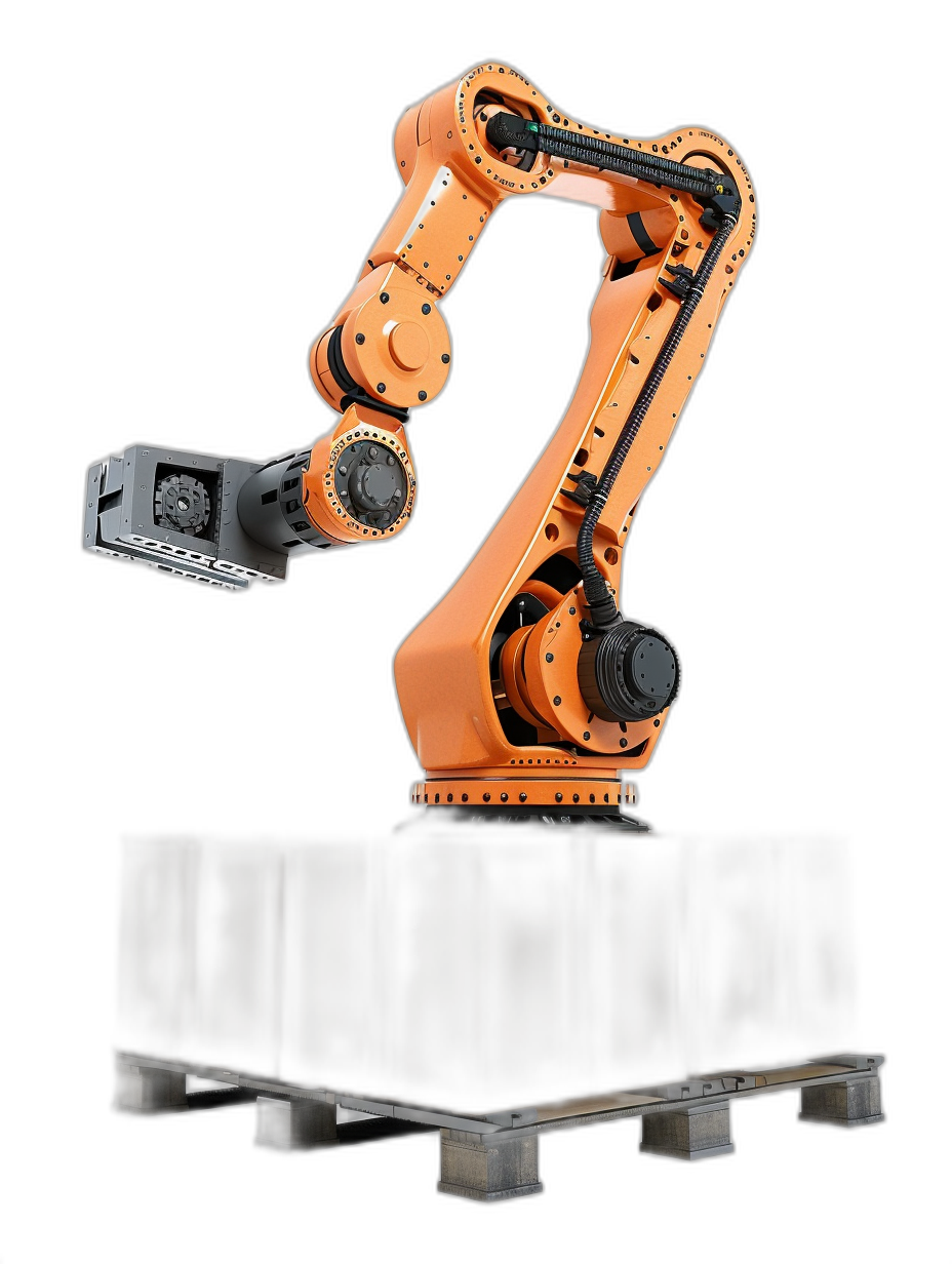 industrial robot arm on pallet, orange color, black background, hyper realistic photography