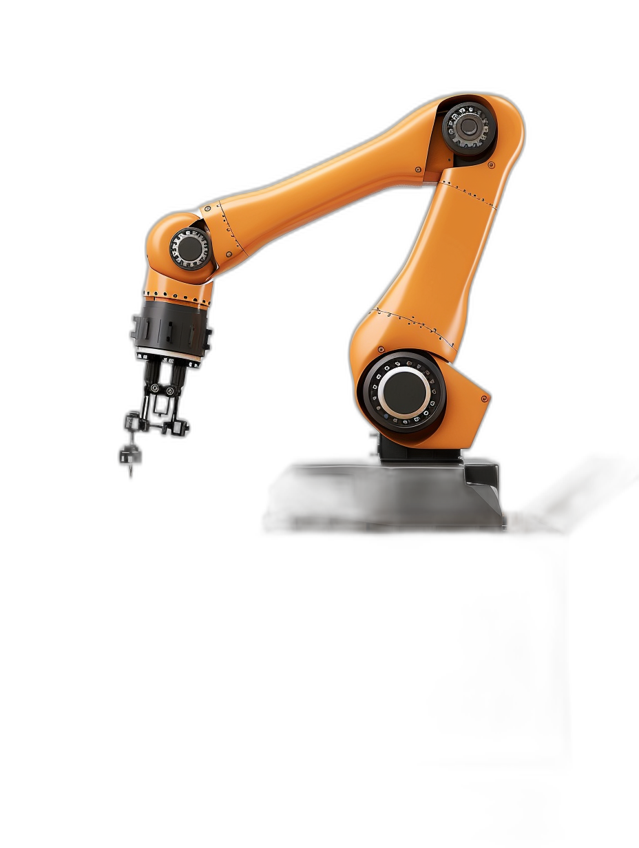 An industrial robot arm with orange color on a black background in the style of product photography with studio lighting and high resolution in an insanely detailed style like a stock photo with professional color grading isolated on a white solid background.