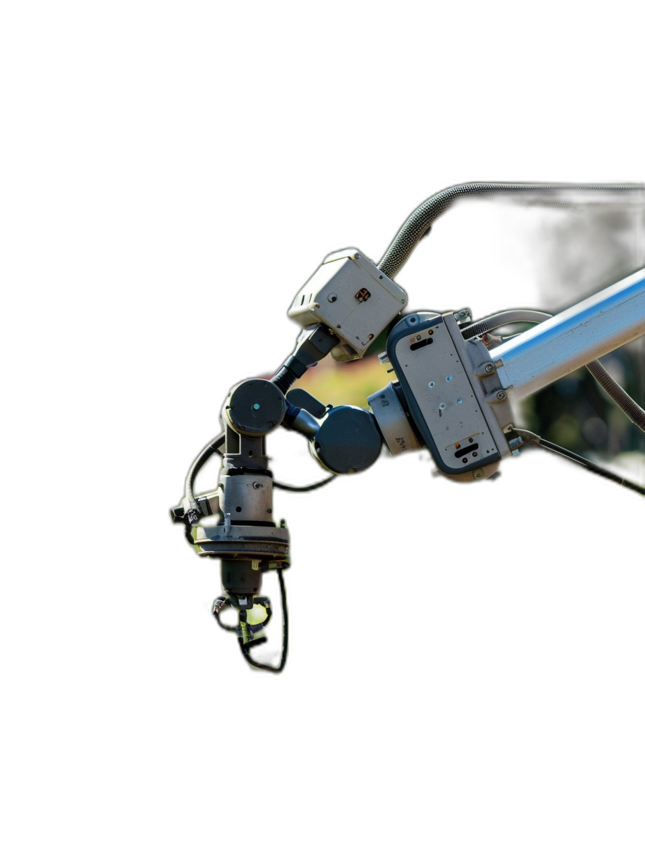 Photo of A robotic arm holding an object isolated on black background, natural light