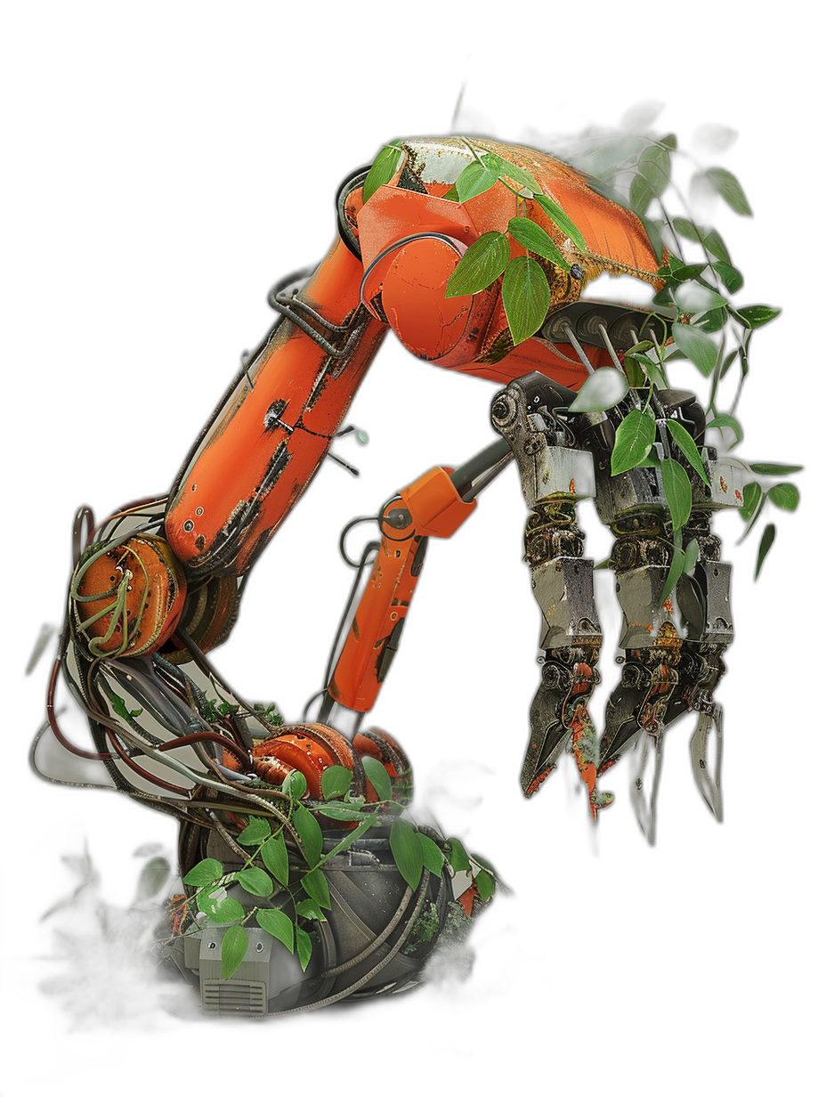 A robotic arm made of metal and orange, covered in plants with vines, isolated on a black background, in the style of hyper realistic photography.