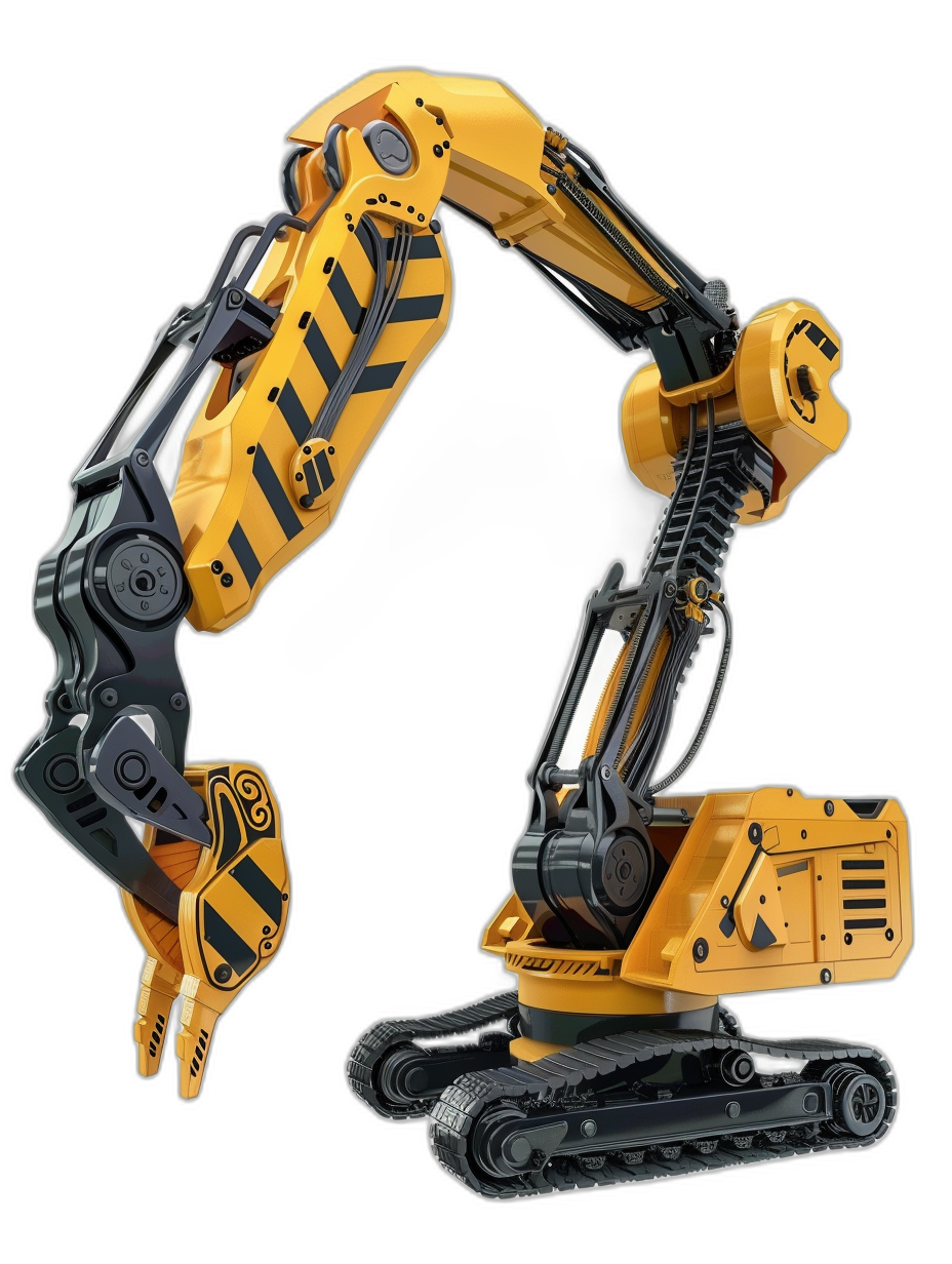 3d rendering of an excavator toy with robotic arms, on black background.