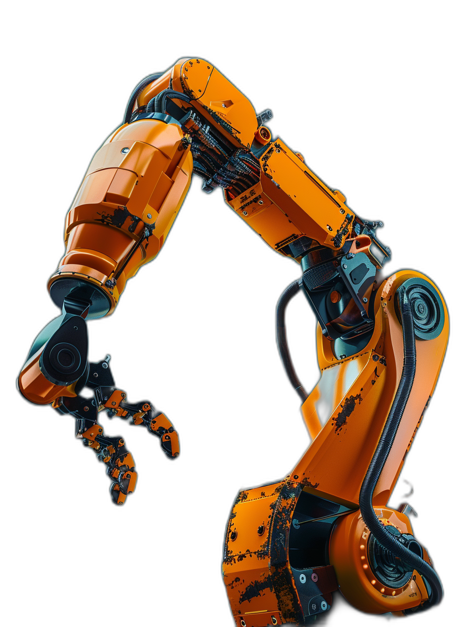 A robotic arm with orange color, Isolated on black background, ultra realistic photography