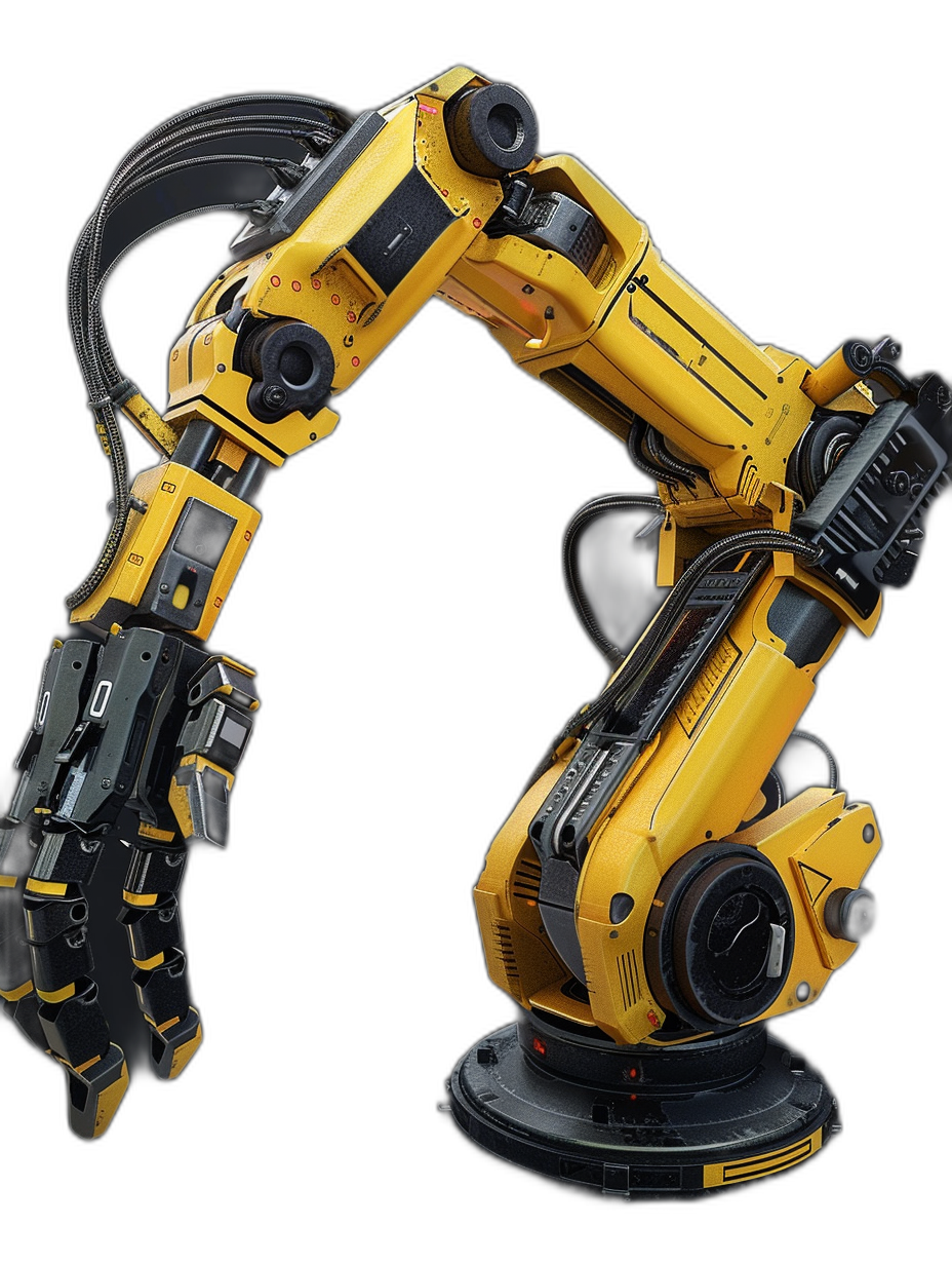 yellow and black futuristic robotic arm in the style of hyper realistic, black background, full body shot