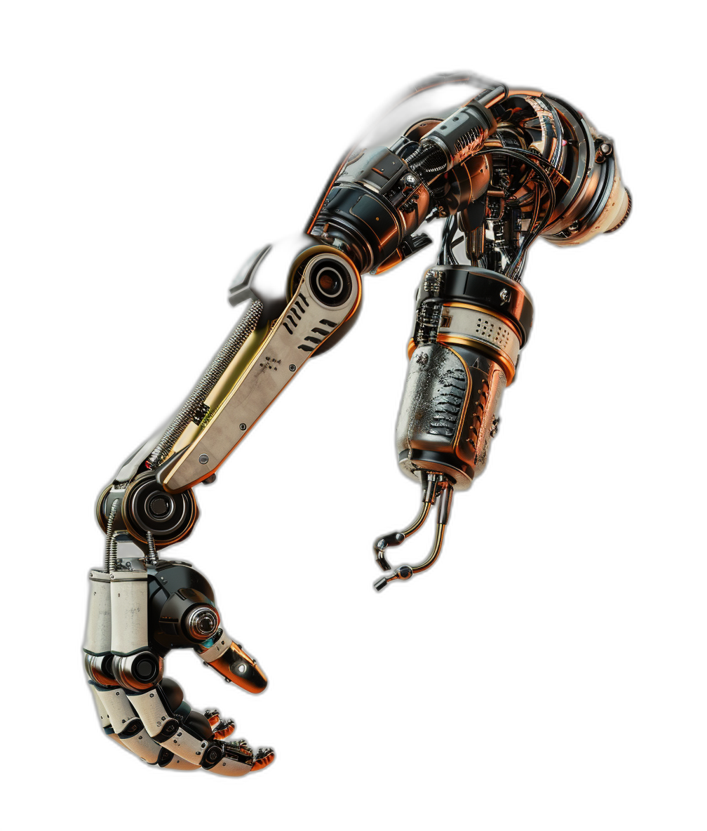 A robotic arm in the style of steampunk, 3D render, isolated on a black background, with copper and silver colors, full body shot, showing the entire hand.