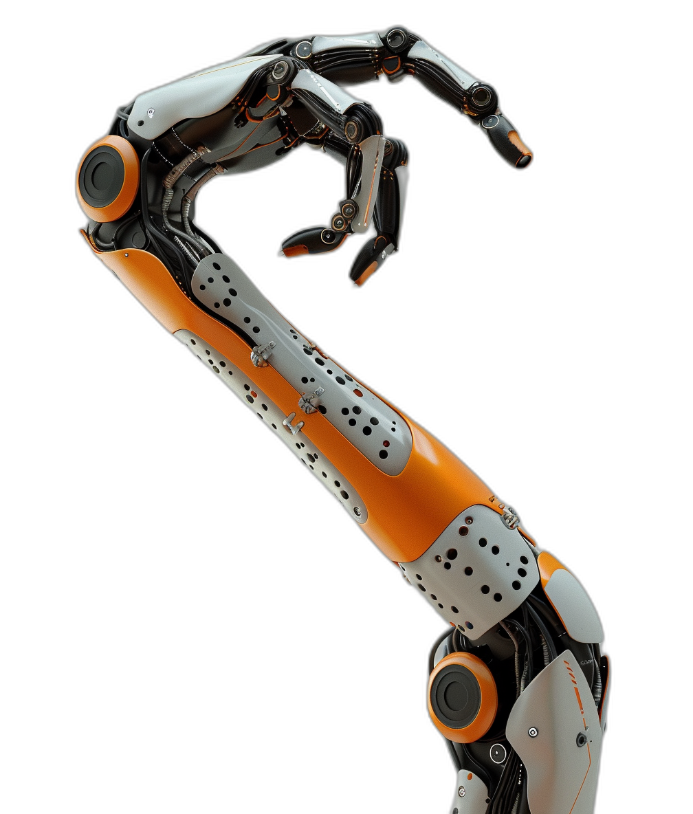 A robotic arm with orange and white details on the palm, extending its hand forward to make an Ashape gesture, against black background. The robot’s design is sleek and futuristic, with metallic textures that give it a sense of advanced technology. It has multiple gray and silver spheres for underneath the fingers, adding contrast and detail. The overall composition conveys power or strength in motion, making it suitable as an icon or logo element.