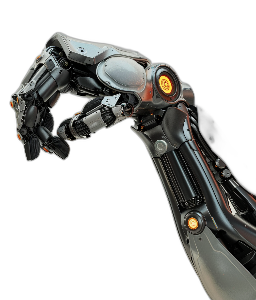 A robotic arm with its hand open, in a futuristic style, sci-fi, on a black background, with high resolution, hyper realistic, hyper detailed rendering, high definition, high dynamic range, high contrast, rendered with octane, and a touch of orange light on its body.