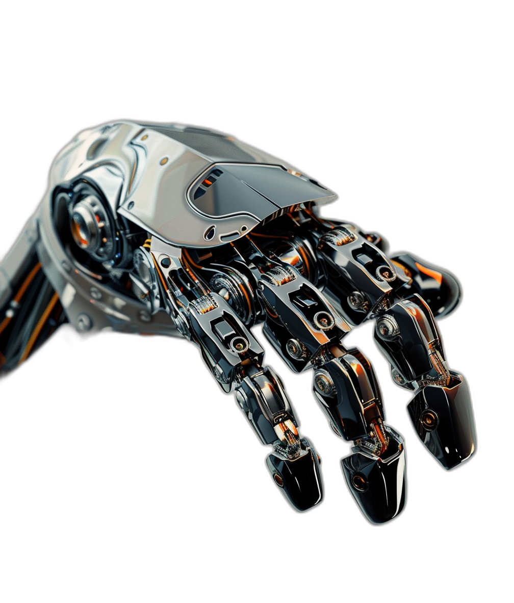 closeup of an elegant and futuristic robot hand, hightech design with metallic texture, sleek lines, set against a black background, soft lighting accentuating the glossy surface, detailed textures on its fingers and thumb, conveying advanced technology and precision craftsmanship, product photography style, high resolution, hyperrealistic details