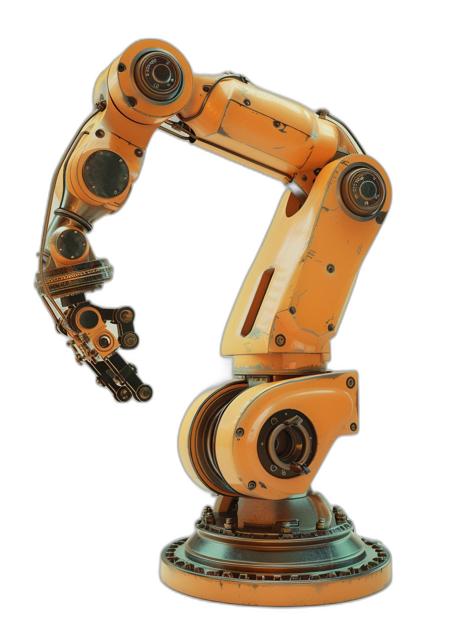 A robotic arm with mechanical structure, industrial style, simple design, orange color scheme, solid black background, and a metal base on the ground. The robot’s head is turning sideways to form an “S” shape. High resolution, high quality, professional photography.8k, hyperrealistic, detailed.