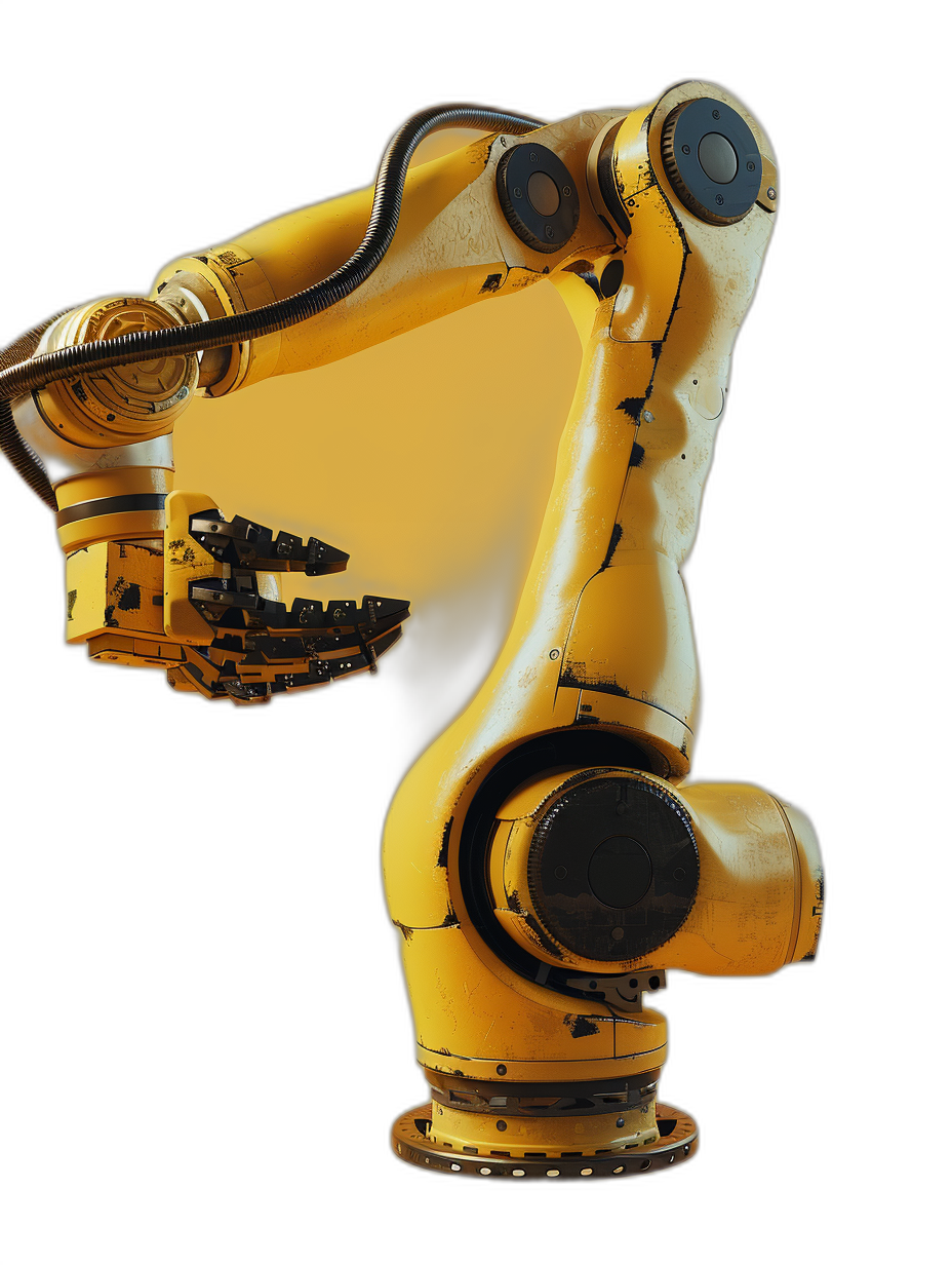 yellow industrial robot arm on black background, hyper realistic photo