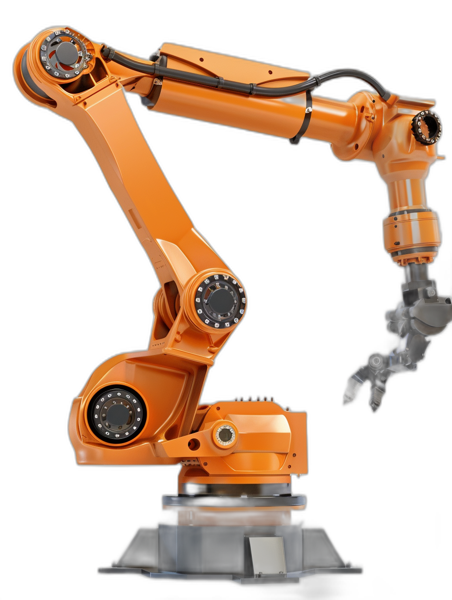 An orange robotic arm with black background, industrial robot arms for various applications and tools on the side of it, robotic weapon concept art, product photography, high resolution, hyper realistic, high detail, high contrast, studio lighting, octane render, isolated on white background, full body shot, wide angle