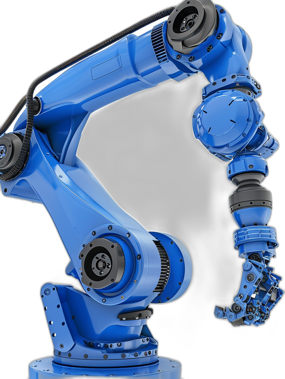 Blue robotic arm with dark grey background, isolated on a black background, in the style of high resolution photography.